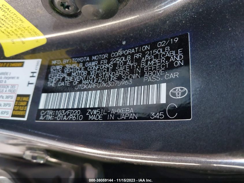 2019 Toyota Prius Le VIN: JTDKARFU7K3075963 Lot: 38059144