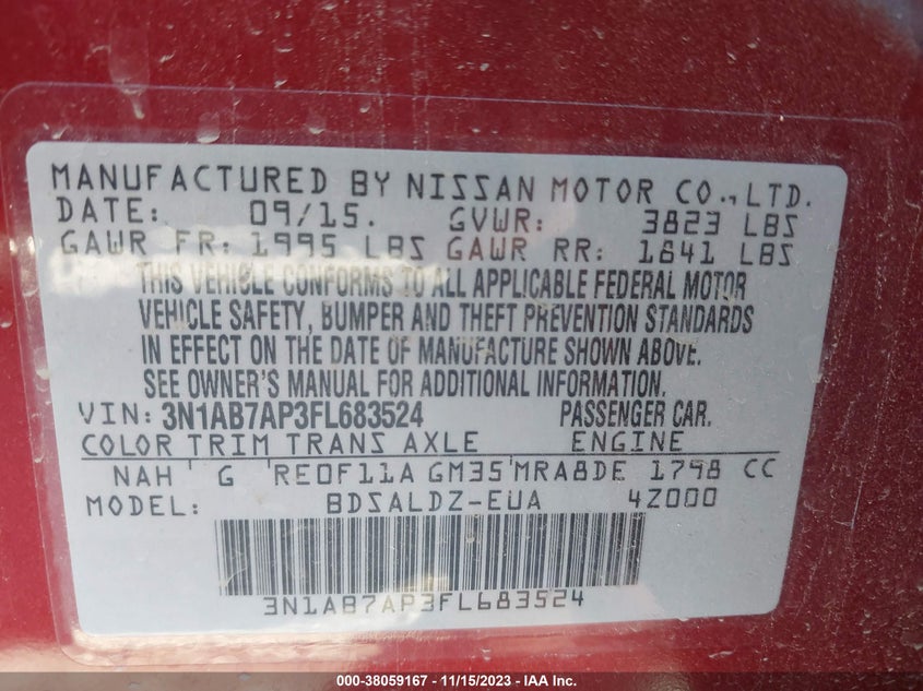 2015 Nissan Sentra Sv VIN: 3N1AB7AP3FL683524 Lot: 38059167