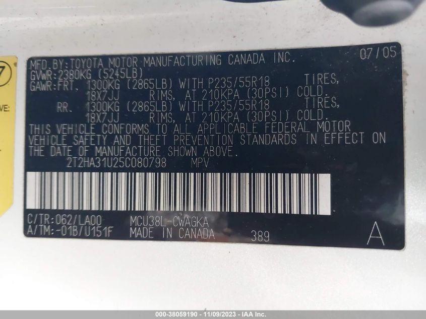 2005 Lexus Rx 330 VIN: 2T2HA31U25C080798 Lot: 38059190