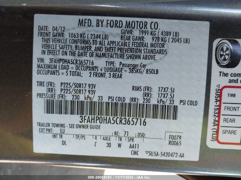 2012 Ford Fusion Se VIN: 3FAHP0HA5CR365716 Lot: 38059191