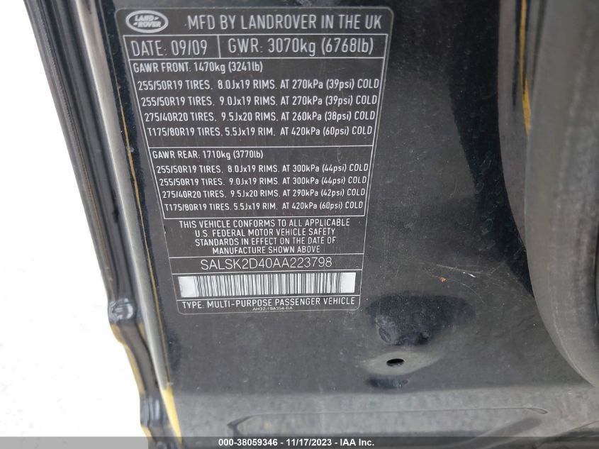 2010 Land Rover Range Rover Sport Hse VIN: SALSK2D40AA223798 Lot: 38059346