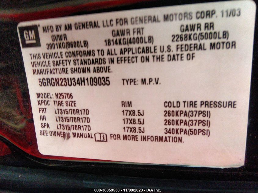 2004 Hummer H2 VIN: 5GRGN23U34H109035 Lot: 38059538