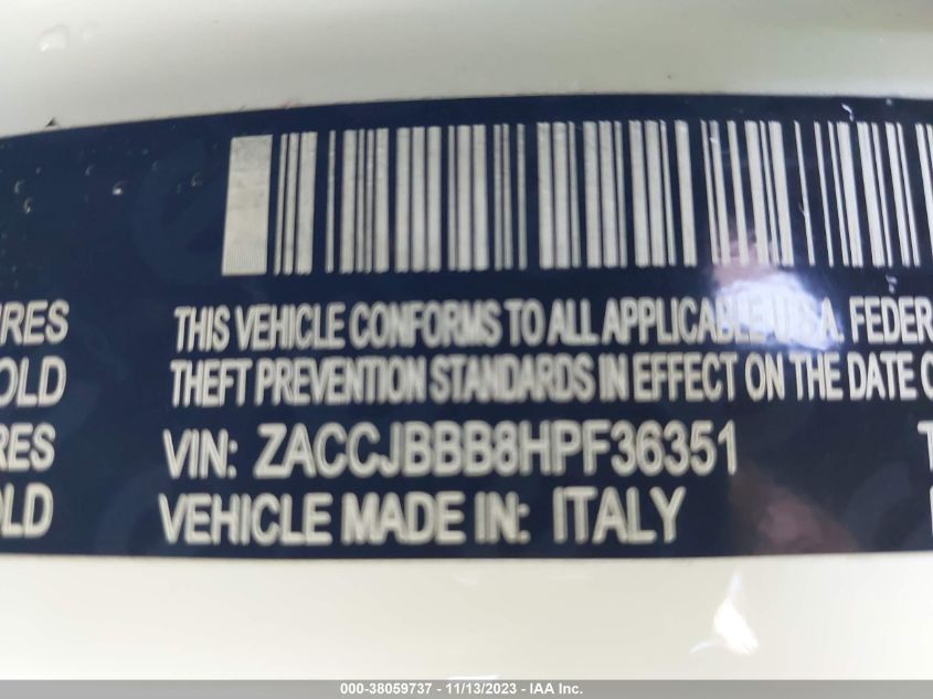 2017 Jeep Renegade Latitude 4X4 VIN: ZACCJBBB8HPF36351 Lot: 38059737