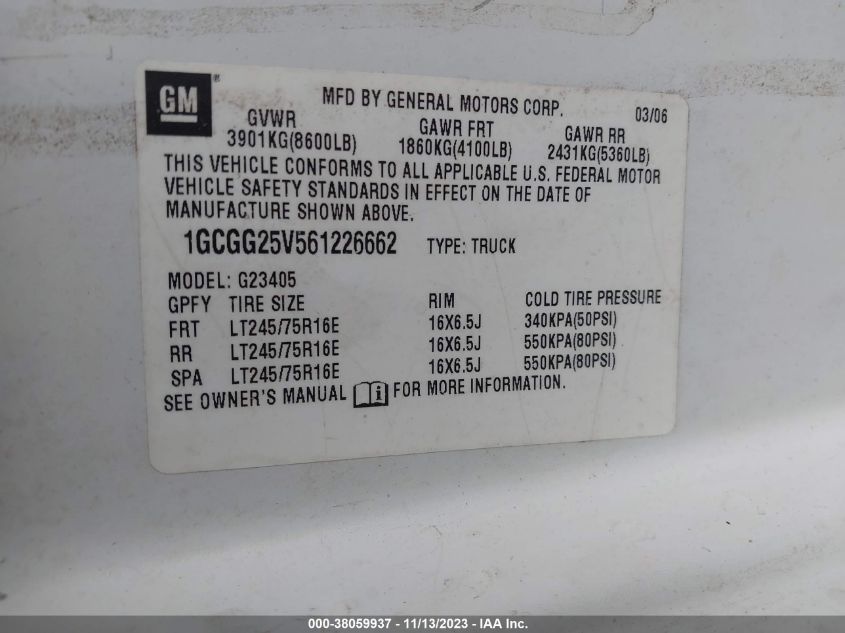 2006 Chevrolet Express Work Van VIN: 1GCGG25V561226662 Lot: 38059937