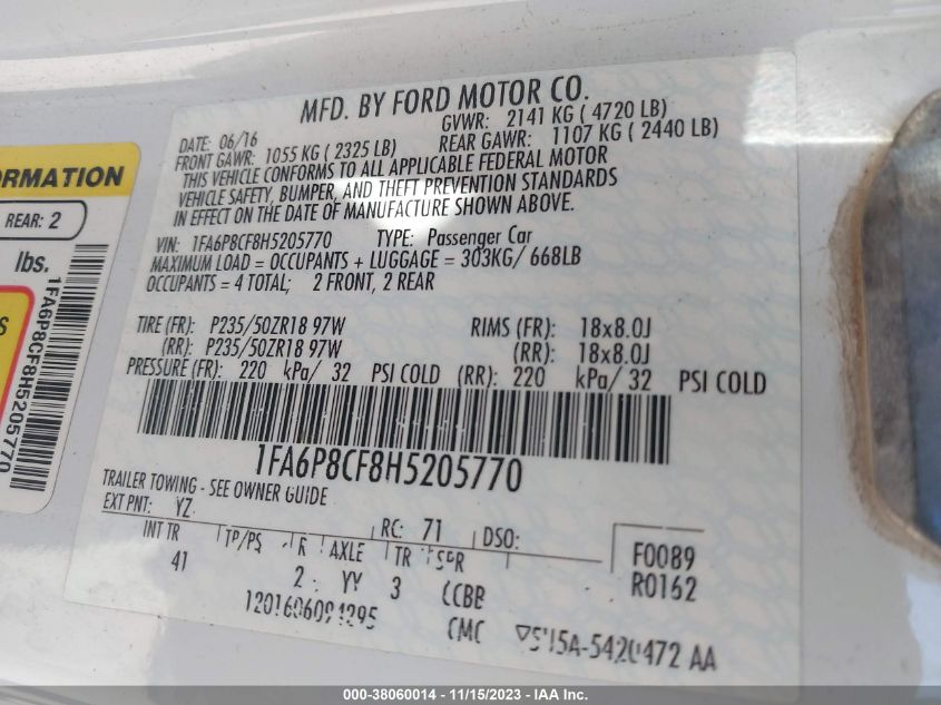 2017 Ford Mustang Gt Premium VIN: 1FA6P8CF8H5205770 Lot: 38060014