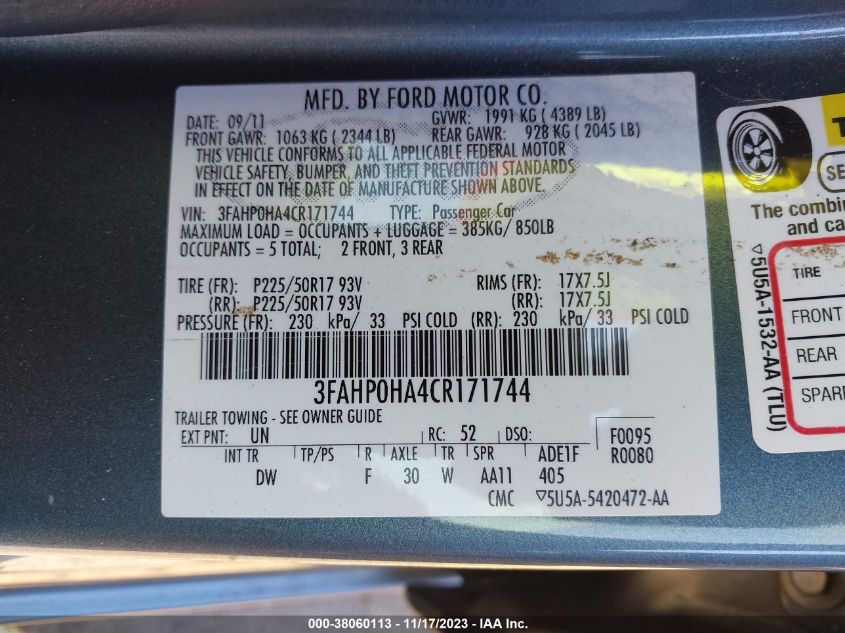 2012 Ford Fusion Se VIN: 3FAHP0HA4CR171744 Lot: 38060113