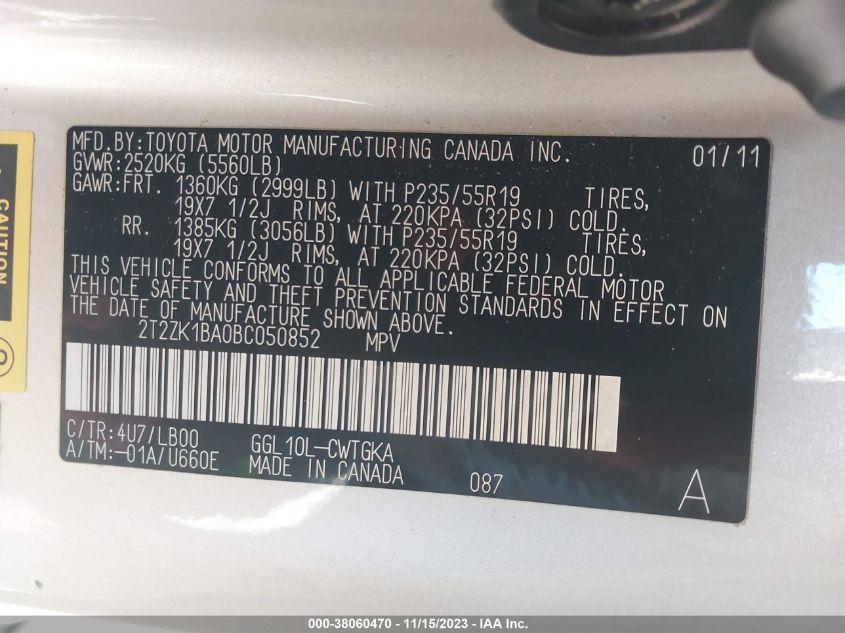 2011 Lexus Rx 350 VIN: 2T2ZK1BA0BC050852 Lot: 38060470