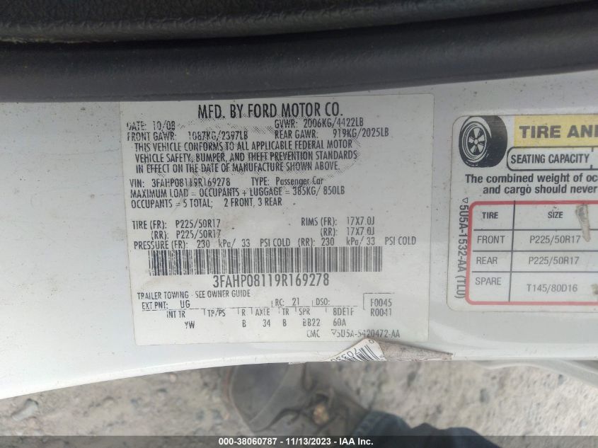 3FAHP08119R169278 2009 Ford Fusion Sel