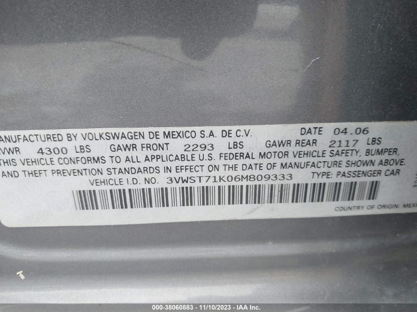 2006 Volkswagen Jetta Sedan 1.9L Tdi VIN: 3VWST71K06M809333 Lot: 38060883