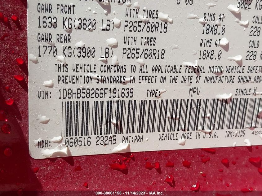 2006 Dodge Durango Limited VIN: 1D8HB58266F191639 Lot: 38061155