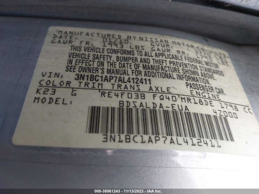 2010 Nissan Versa 1.8S VIN: 3N1BC1AP7AL412411 Lot: 38061243