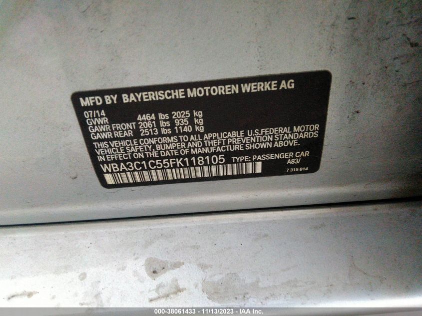2015 BMW 328I VIN: WBA3C1C55FK118105 Lot: 38061433
