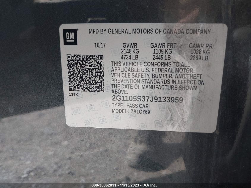 2018 Chevrolet Impala 1Lt VIN: 2G1105S37J9133959 Lot: 38062011