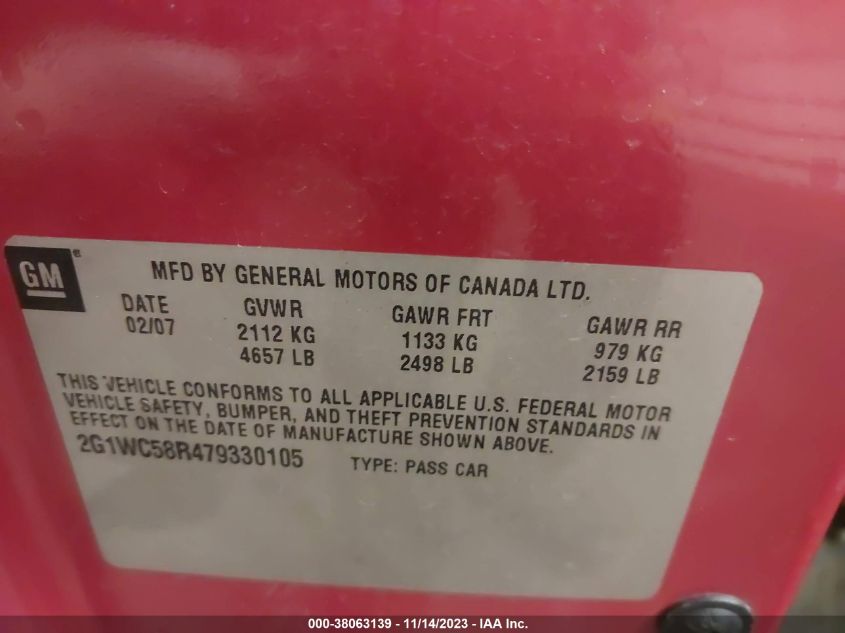 2007 Chevrolet Impala Lt VIN: 2G1WC58R479330105 Lot: 38063139