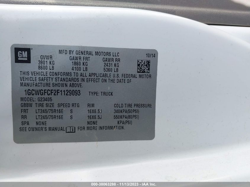 2015 Chevrolet Express 2500 Work Van VIN: 1GCWGFCF2F1129093 Lot: 38063288