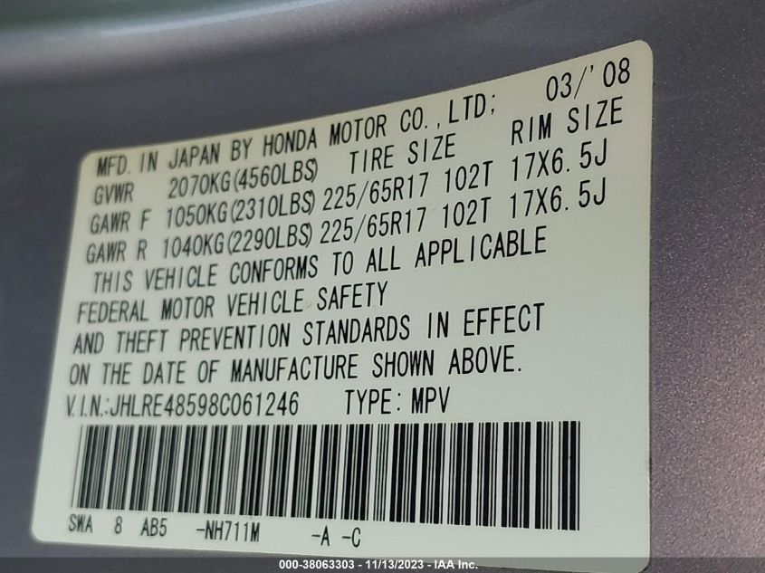 2008 Honda Cr-V Ex VIN: JHLRE48598C061246 Lot: 38063303