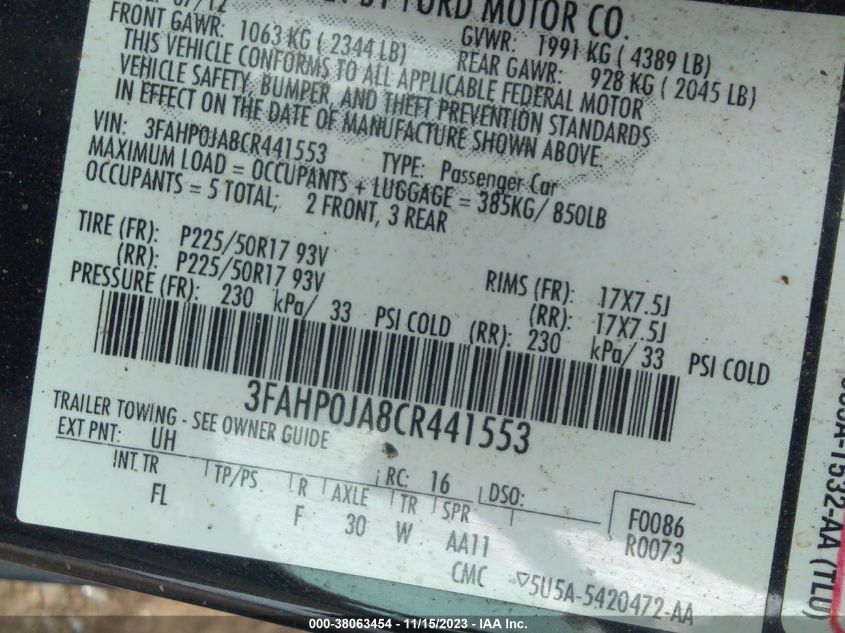 2012 Ford Fusion Sel VIN: 3FAHP0JA8CR441553 Lot: 38063454