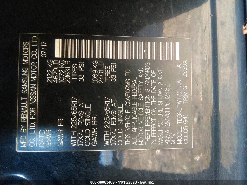 KNMAT2MV6HP602482 2017 Nissan Rogue Sv