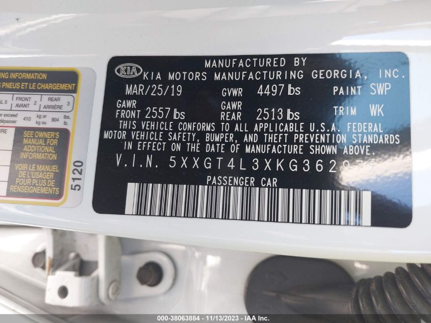 2019 Kia Optima Lx VIN: 5XXGT4L3XKG362972 Lot: 38063884