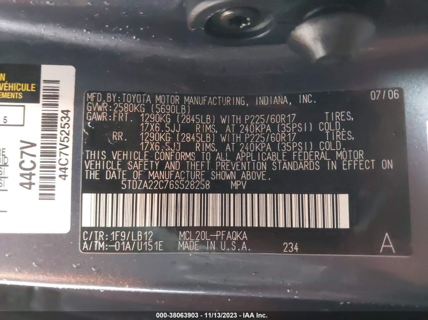 2006 Toyota Sienna Xle Limited VIN: 5TDZA22C76S528258 Lot: 38063903