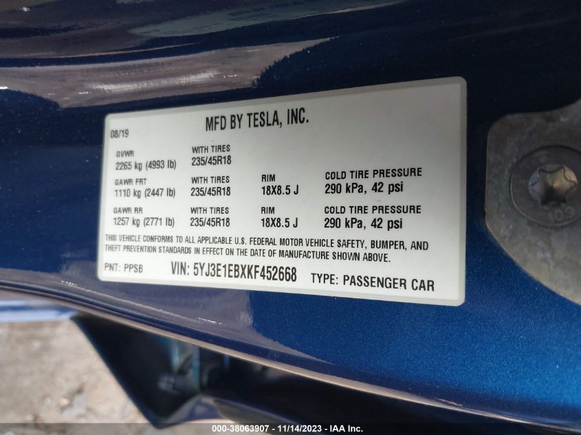 2019 Tesla Model 3 Long Range/Performance VIN: 5YJ3E1EBXKF452668 Lot: 38063907