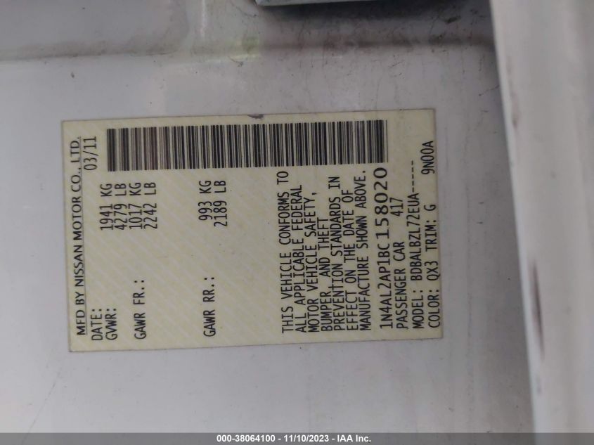 1N4AL2AP1BC158020 2011 Nissan Altima 2.5 S