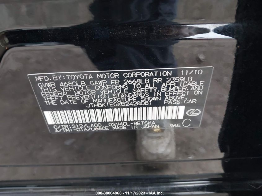 2011 Lexus Es 350 VIN: JTHBK1EGXB2428081 Lot: 38064865