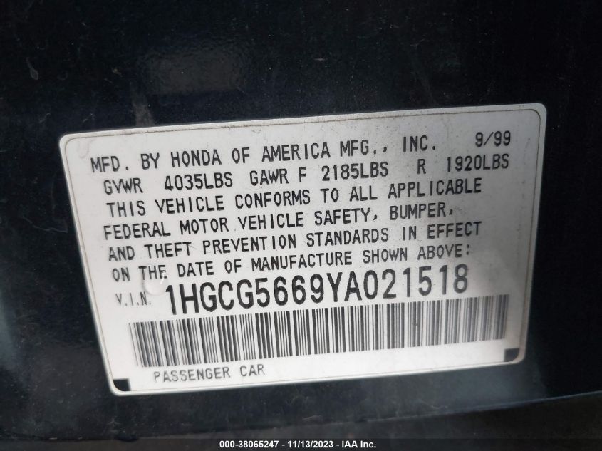 2000 Honda Accord 2.3 Ex VIN: 1HGCG5669YA021518 Lot: 38065247