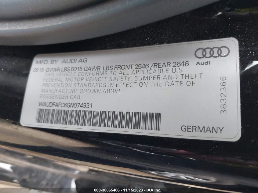 2016 Audi A6 2.0T Premium Plus VIN: WAUDFAFC6GN074931 Lot: 38065406