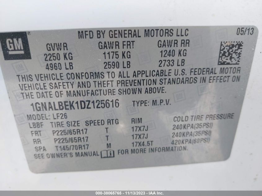 1GNALBEK1DZ125616 2013 Chevrolet Equinox Ls