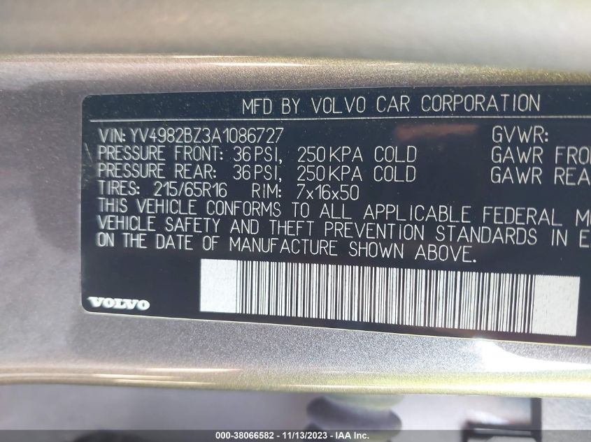 2010 Volvo Xc70 3.2 VIN: YV4982BZ3A1086727 Lot: 38066582