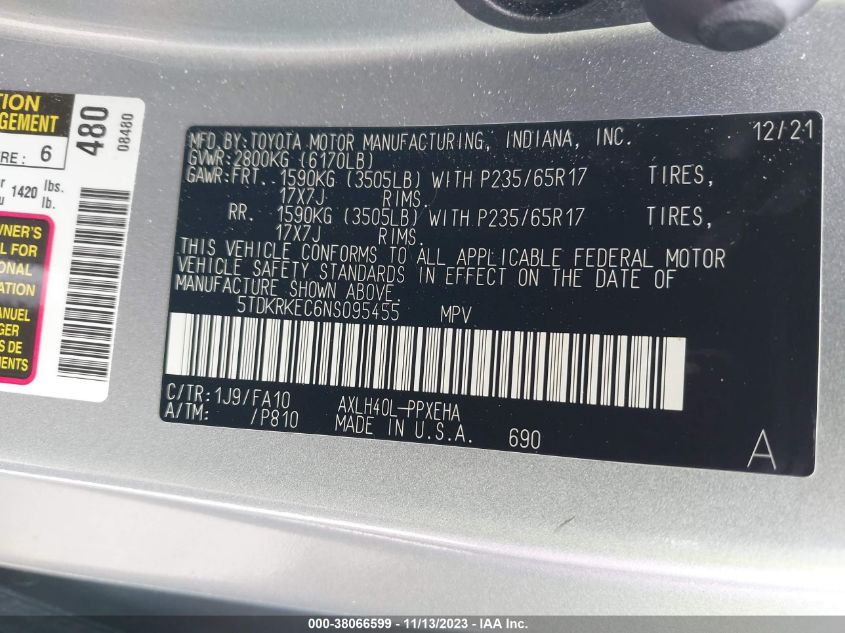 2022 Toyota Sienna Le VIN: 5TDKRKEC6NS095455 Lot: 38066599