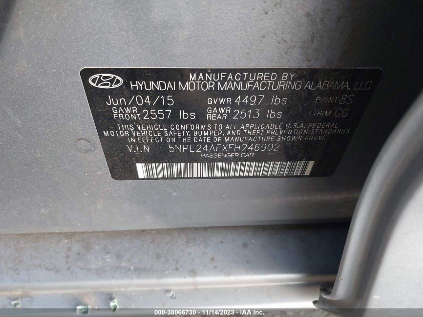 2015 Hyundai Sonata Se VIN: 5NPE24AFXFH246902 Lot: 38066730