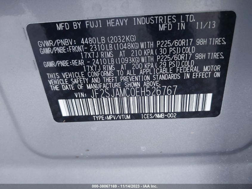 2014 Subaru Forester 2.5I Touring VIN: JF2SJAMC0EH526767 Lot: 38067169