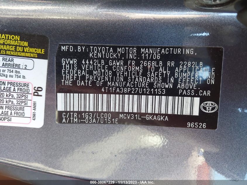 4T1FA38P27U121153 2007 Toyota Camry Solara Sle