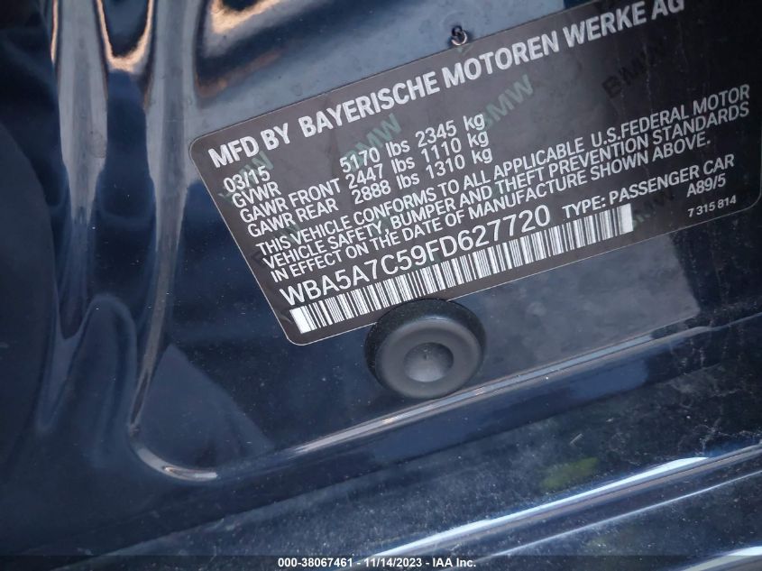 2015 BMW 528I xDrive VIN: WBA5A7C59FD627720 Lot: 38067461