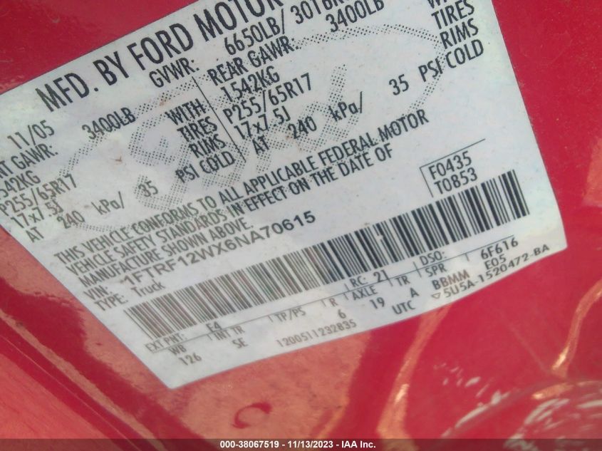 2006 Ford F-150 Stx/Xl/Xlt VIN: 1FTRF12WX6NA70615 Lot: 38067519