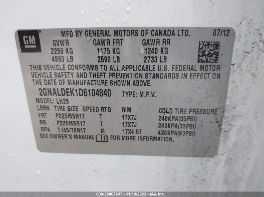 2GNALDEK1D6104840 2013 Chevrolet Equinox 1Lt