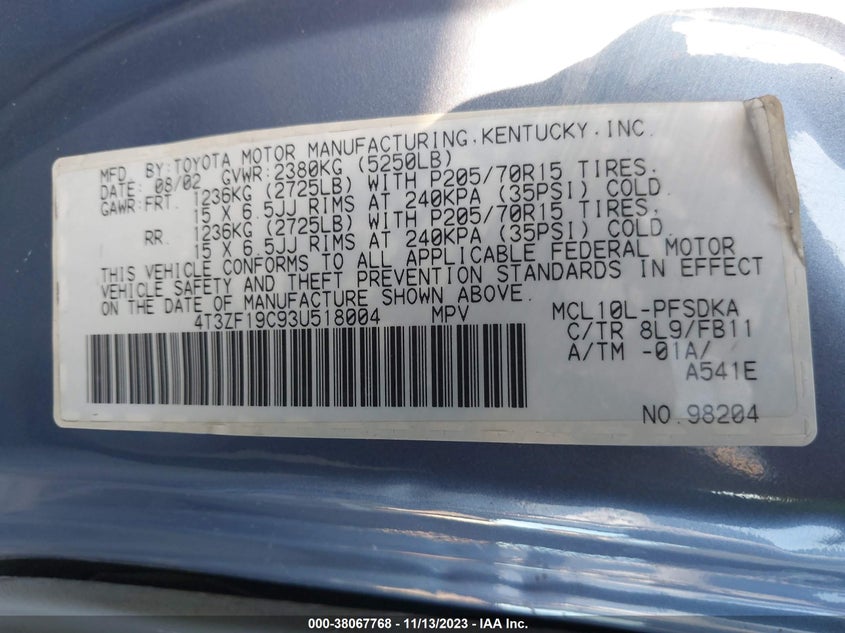 2003 Toyota Sienna Ce VIN: 4T3ZF19C93U518004 Lot: 38067768