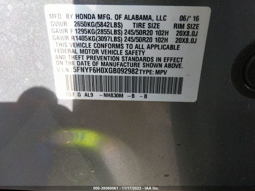 2016 Honda Pilot Elite VIN: 5FNYF6H0XGB092982 Lot: 38068061