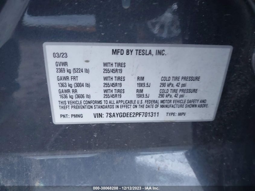 2023 Tesla Model Y Awd/Long Range Dual Motor All-Wheel Drive VIN: 7SAYGDEE2PF701311 Lot: 38068208