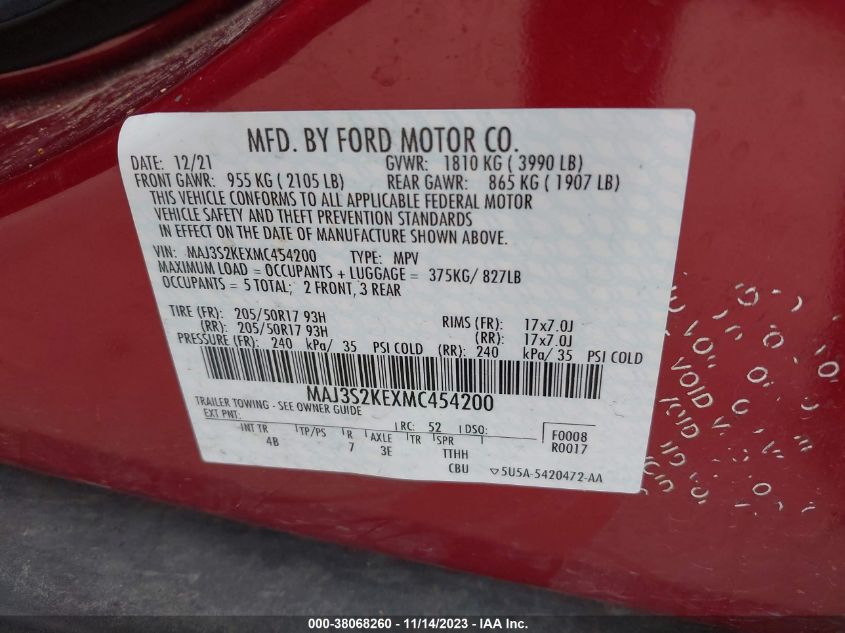 2021 Ford Ecosport Titanium VIN: MAJ3S2KEXMC454200 Lot: 38068260