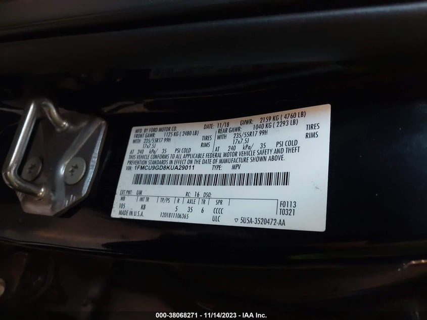 1FMCU9GD8KUA29011 2019 FORD ESCAPE photo no. 9