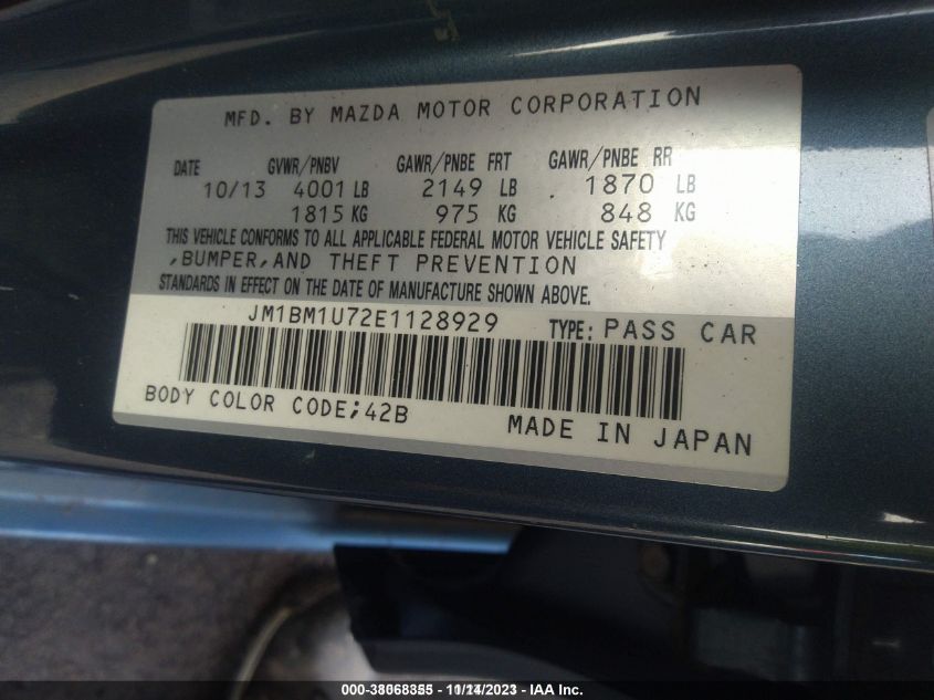 2014 Mazda Mazda3 I Sport VIN: JM1BM1U72E1128929 Lot: 38068355