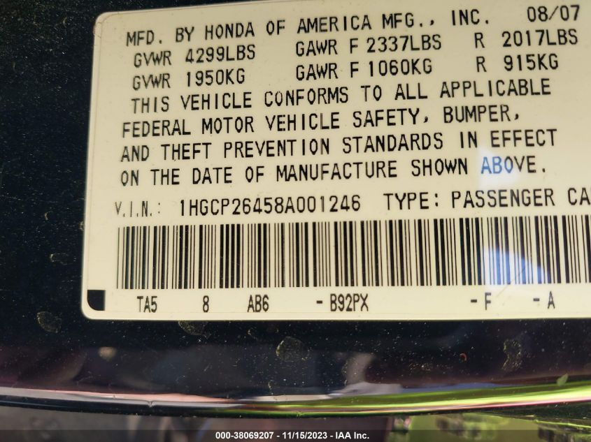 2008 Honda Accord 2.4 Lx-P VIN: 1HGCP26458A001246 Lot: 38069207