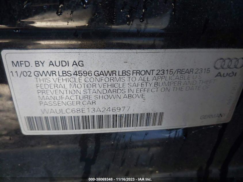 2003 Audi A4 1.8T VIN: WAULC68E13A246977 Lot: 38069348