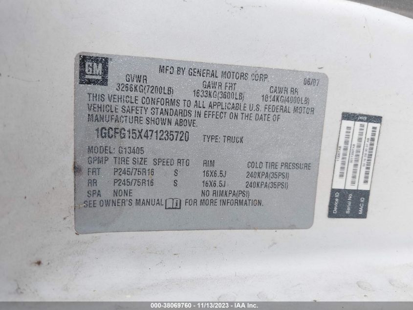 2007 Chevrolet Express Work Van VIN: 1GCFG15X471235720 Lot: 38069760
