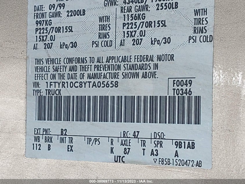 2000 Ford Ranger Xlt/Xl VIN: 1FTYR10C8YTA05658 Lot: 38069773