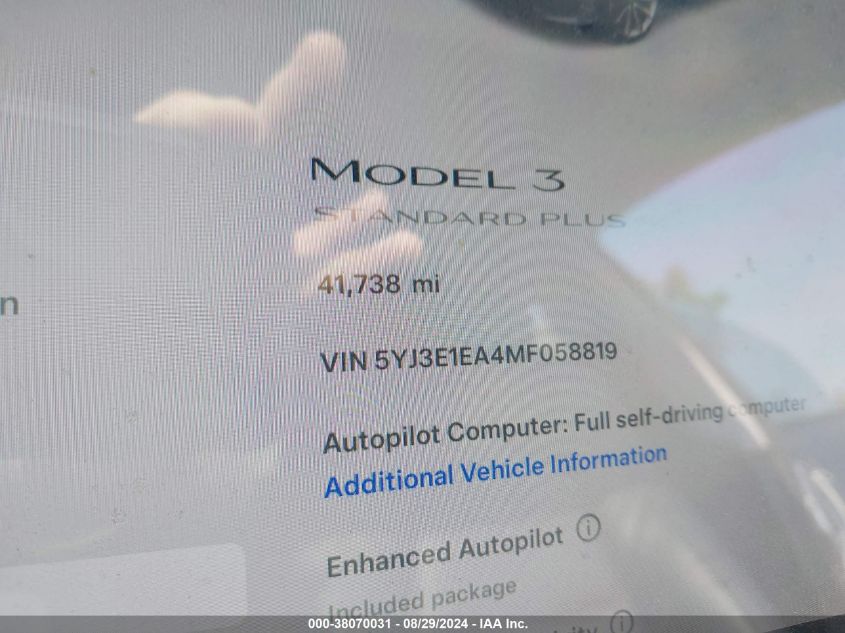 2021 Tesla Model 3 Standard Range Plus Rear-Wheel Drive VIN: 5YJ3E1EA4MF058819 Lot: 38070031