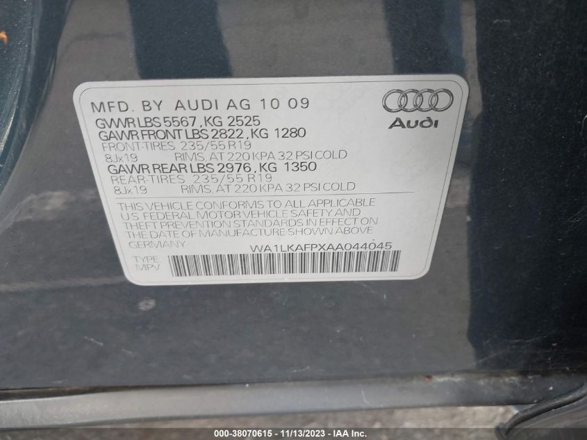 2010 Audi Q5 Premium Plus VIN: WA1LKAFPXAA044045 Lot: 38070615